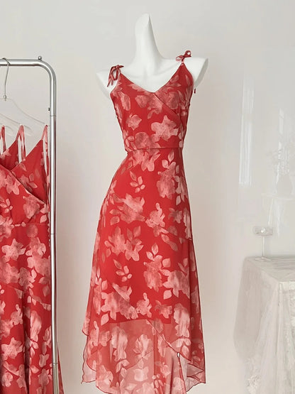 Wunderschönes rotes bedrucktes A-Linien-Chiffon-Ballkleid mit V-Ausschnitt und Schleifenträgern P4013