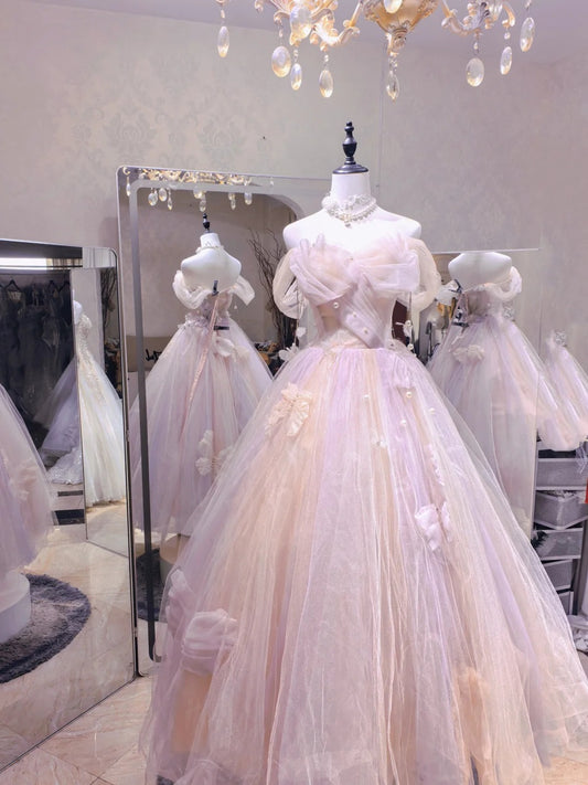 Robe de soirée féerique rose clair en tulle avec épaules dénudées et traîne P4132