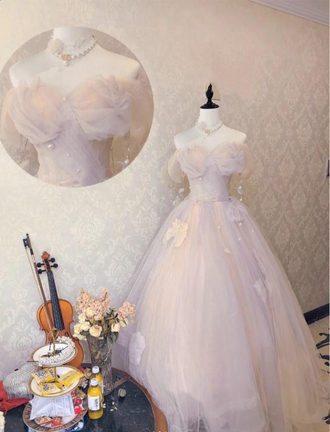 Verträumtes hellrosa schulterfreies Ballkleid aus Tüll in Bodenlänge Abendkleid P4132