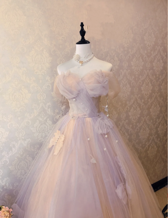 Verträumtes hellrosa schulterfreies Ballkleid aus Tüll in Bodenlänge Abendkleid P4132