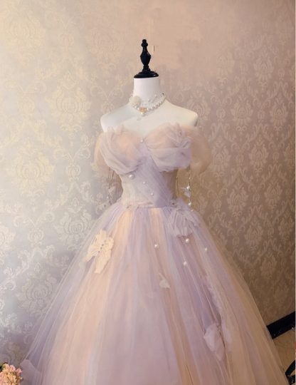 Verträumtes hellrosa schulterfreies Ballkleid aus Tüll in Bodenlänge Abendkleid P4132