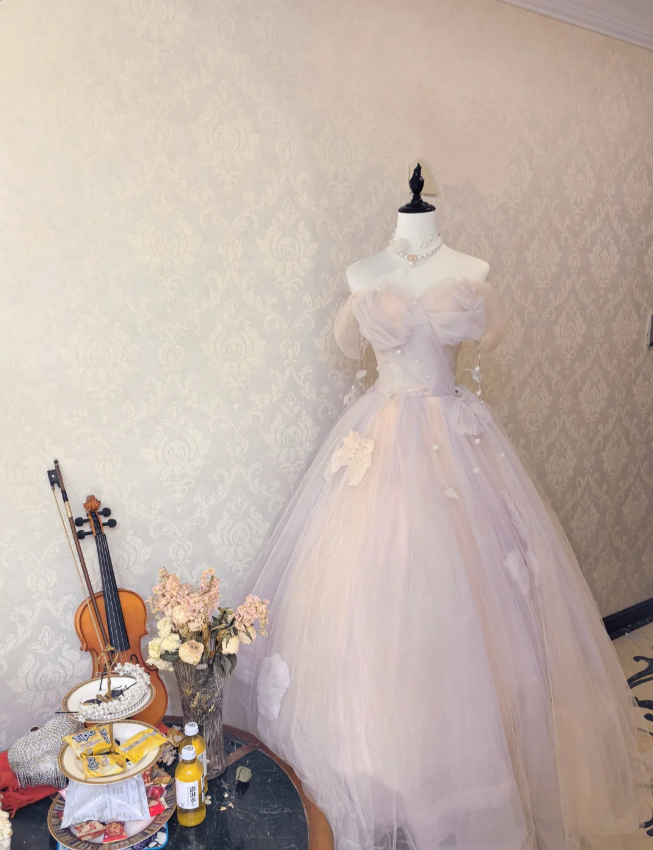 Verträumtes hellrosa schulterfreies Ballkleid aus Tüll in Bodenlänge Abendkleid P4132