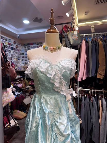 Französisches Retro mintgrünes trägerloses A-Linien-Kleid aus Satin mit Spitzenrüschen, langes Abschlussballkleid, Abendkleid P4139