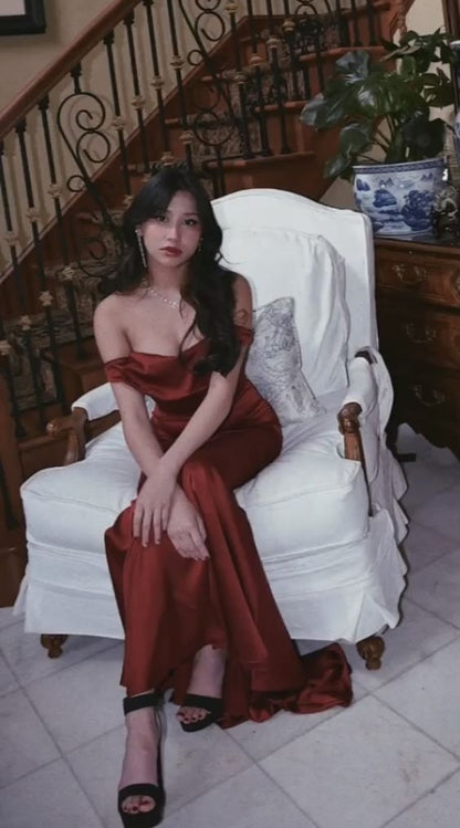 Superbe robe de bal longue en satin bordeaux sirène Tenues d'anniversaire P468