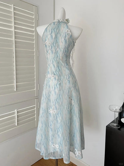 Süßes blau-weißes A-Linien-Chiffon-Abendkleid mit Farbverlauf und Neckholder P4014