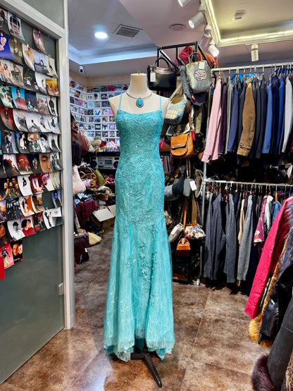 Elegantes, seeblaues Meerjungfrauen-Abendkleid mit Neckholder und Spitze P4140