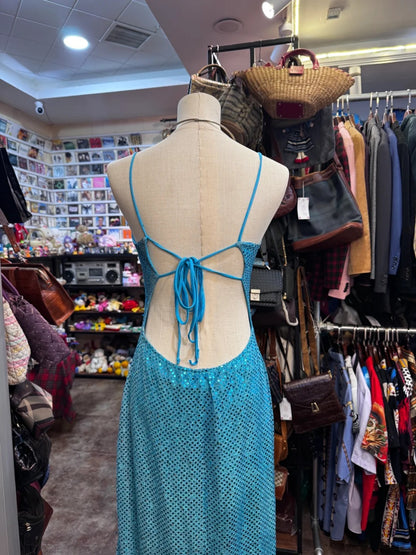 Funkelndes blaues rückenfreies Pailletten-Abendkleid P4141
