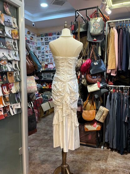 Retro Elegantes Weißes Meerjungfrau Trägerloses Plissiertes Satin Langes Ballkleid Abendkleid P4147