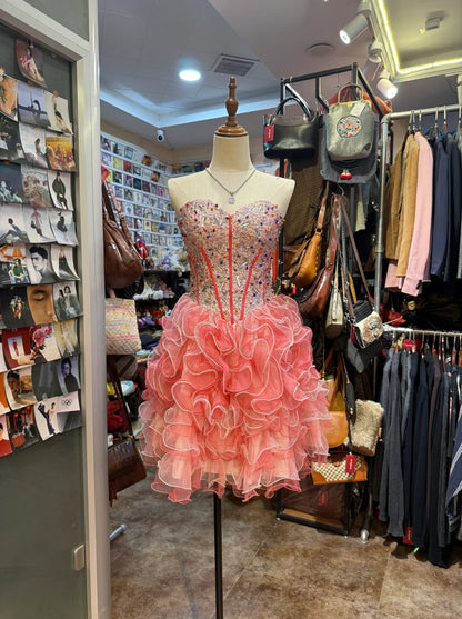 Prinzessin Koralle Rosa Herzförmiger Ausschnitt Strassbesetztes Kurzes Ballkleid Abendkleid P4148