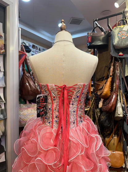 Prinzessin Koralle Rosa Herzförmiger Ausschnitt Strassbesetztes Kurzes Ballkleid Abendkleid P4148