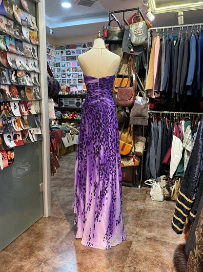 Wildes lila und schwarzes Leopardenmuster Meerjungfrau trägerloses Chiffon langes Ballkleid Abendkleid P4149
