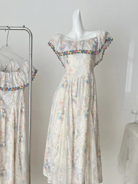 Vintage A-line Colorful Floral Lace Long Prom Dress Evening Dress Bridesmaid Dress P4015