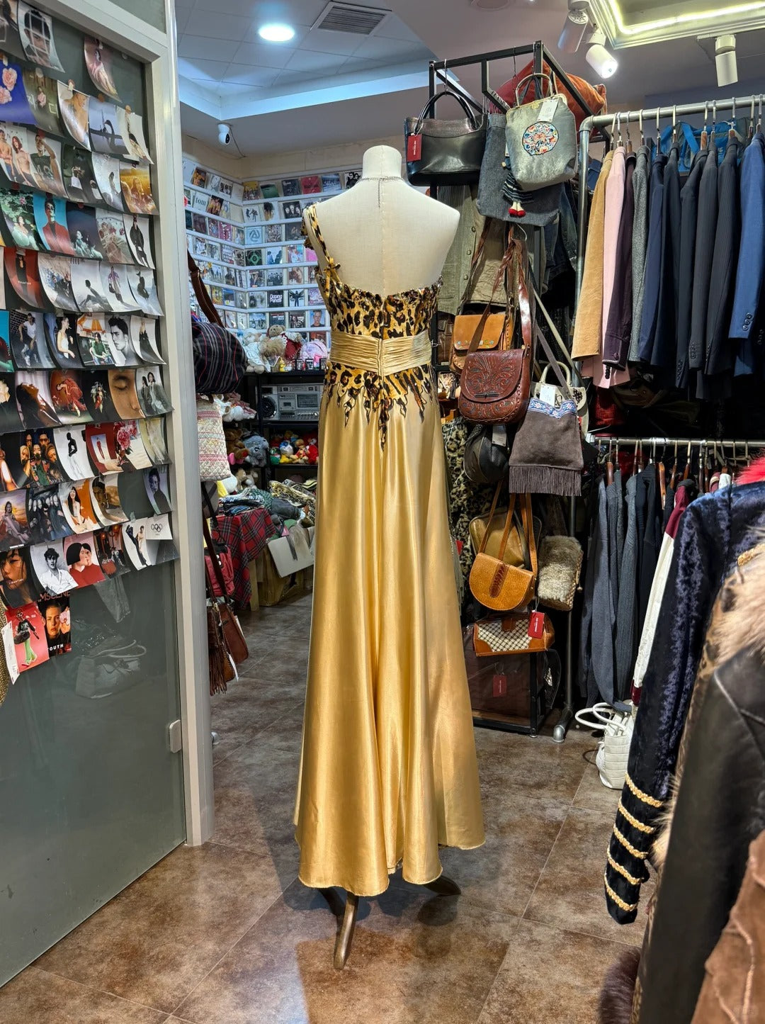 Wildes goldbraunes Leopardenmuster, One-Shoulder Satin langes Ballkleid Abendkleid P4150