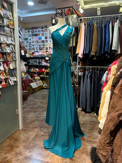 Elegantes pfauengrünes One-Shoulder Perlenband-Satin-Abendkleid P4151