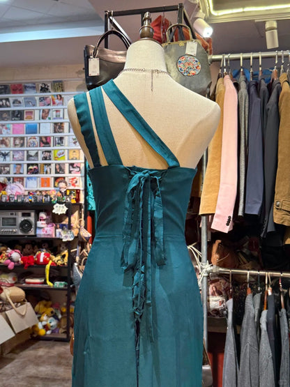 Elegantes pfauengrünes One-Shoulder Perlenband-Satin-Abendkleid P4151