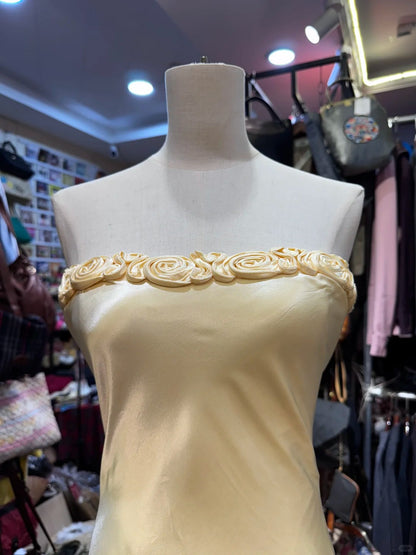 Élégante Robe de Bal Longue en Satin Jaune Sirène sans Bretelles avec Fleurs 3D Robe de Soirée Robe de Demoiselle d'Honneur P4152