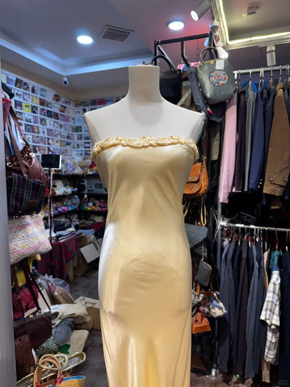 Élégante Robe de Bal Longue en Satin Jaune Sirène sans Bretelles avec Fleurs 3D Robe de Soirée Robe de Demoiselle d'Honneur P4152