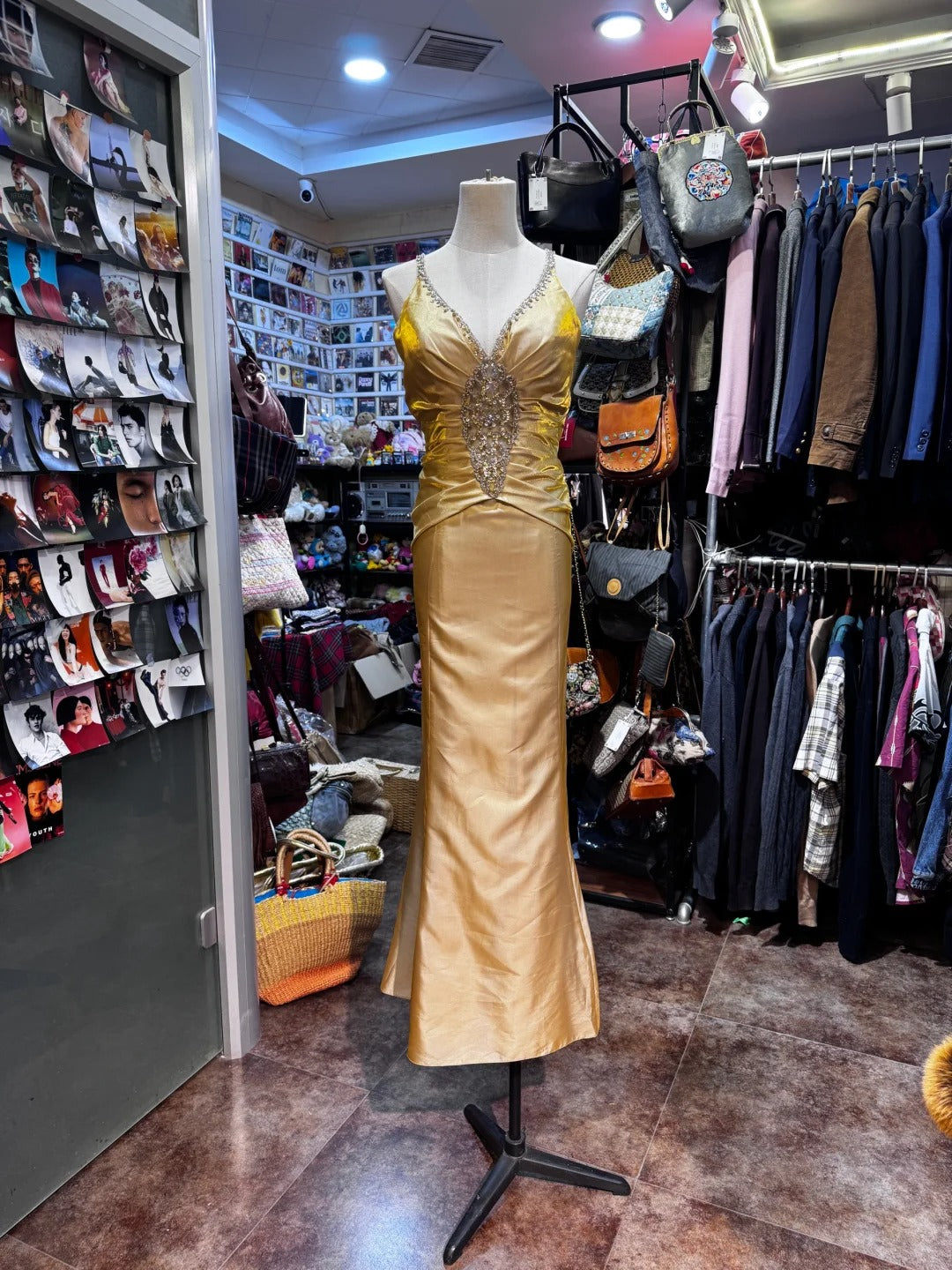 Vintage Gold Meerjungfrau V-Ausschnitt Pailletten Satin Langes Ballkleid Abendkleid P4153