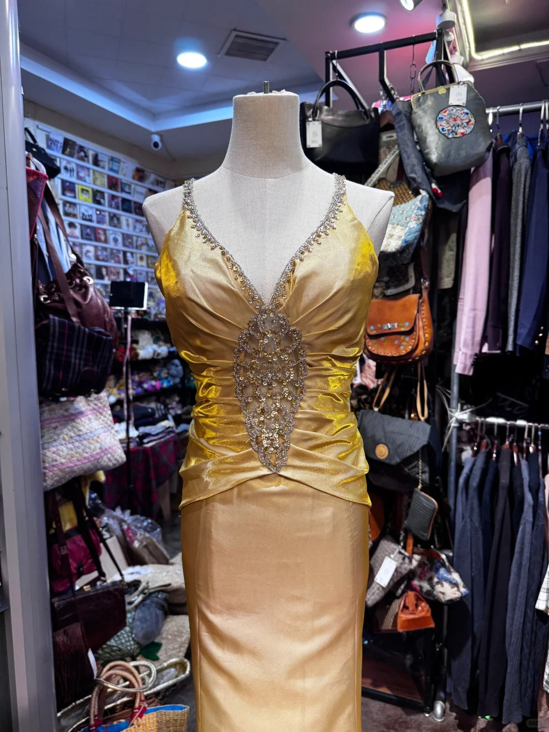 Vintage Gold Meerjungfrau V-Ausschnitt Pailletten Satin Langes Ballkleid Abendkleid P4153