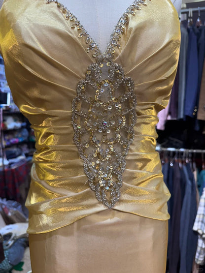 Vintage Gold Meerjungfrau V-Ausschnitt Pailletten Satin Langes Ballkleid Abendkleid P4153