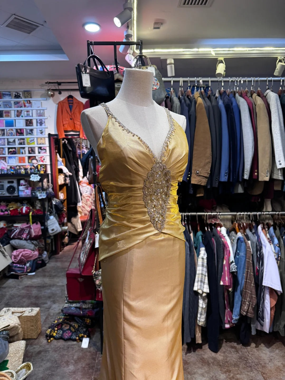 Vintage Gold Meerjungfrau V-Ausschnitt Pailletten Satin Langes Ballkleid Abendkleid P4153