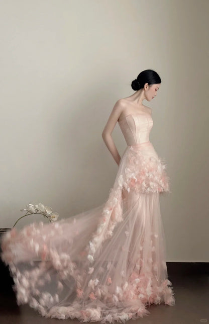 Sweet Pale Pink Mermaid Tail Three-dimensional Petal Long Prom Dress Evening Dress Wedding Dress P4016