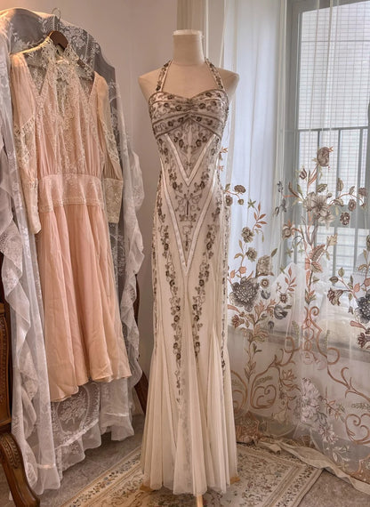 Vintage Weiß Meerjungfrau Neckholder Perlen Rückenfrei Tüll Langes Ballkleid Abendkleid P4163