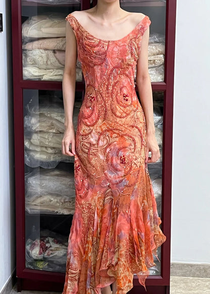 Retro Funkelndes Orangerotes Meerjungfrauen-Abendkleid mit Rüschen und Perlen aus Chiffon P4165