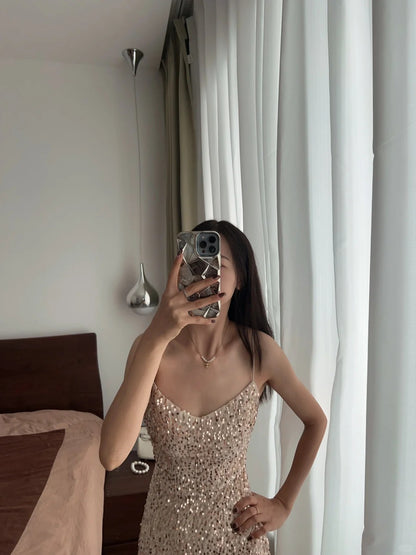 Elegantes Champagnergold Meerjungfrau Neckholder V-Ausschnitt Pailletten Langes Ballkleid Abendkleid P4166
