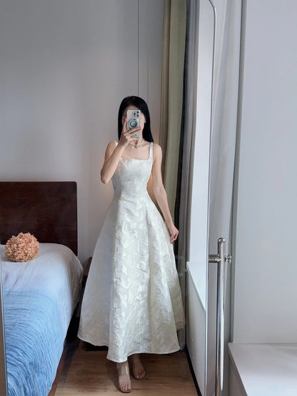 Elegantes weißes A-Linien-Kleid mit eckigem Ausschnitt und Neckholder-Top mit Schmetterlings-Jacquard-Satin, langes Ballkleid, Abendkleid P4168
