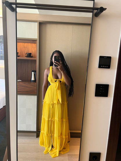 Sexy A line Straps Yellow Floor Length Chiffon Prom Dress 1690