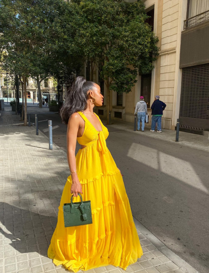 Sexy A line Straps Yellow Floor Length Chiffon Prom Dress 1690
