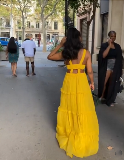 Sexy A line Straps Yellow Floor Length Chiffon Prom Dress 1690