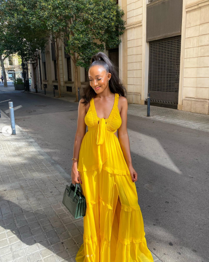 Sexy A line Straps Yellow Floor Length Chiffon Prom Dress 1690