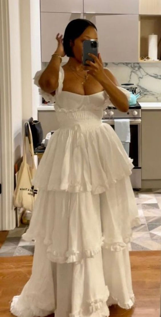 Sexy A line Straps Ruffles Floor Length Chiffon White Prom Dress 1697