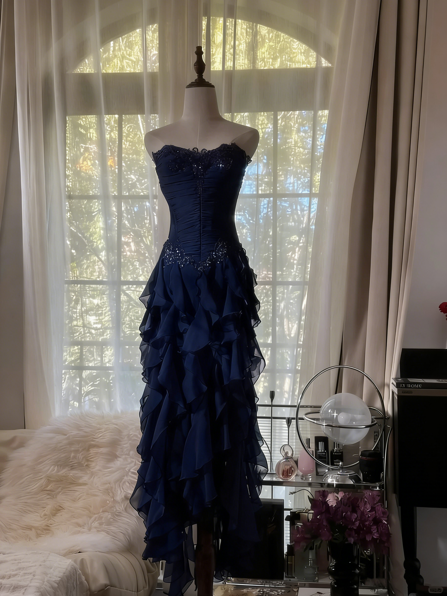 Retro Strapless Grape Purple Fungus Curled Skirt Chiffon Long Prom Dress P3346