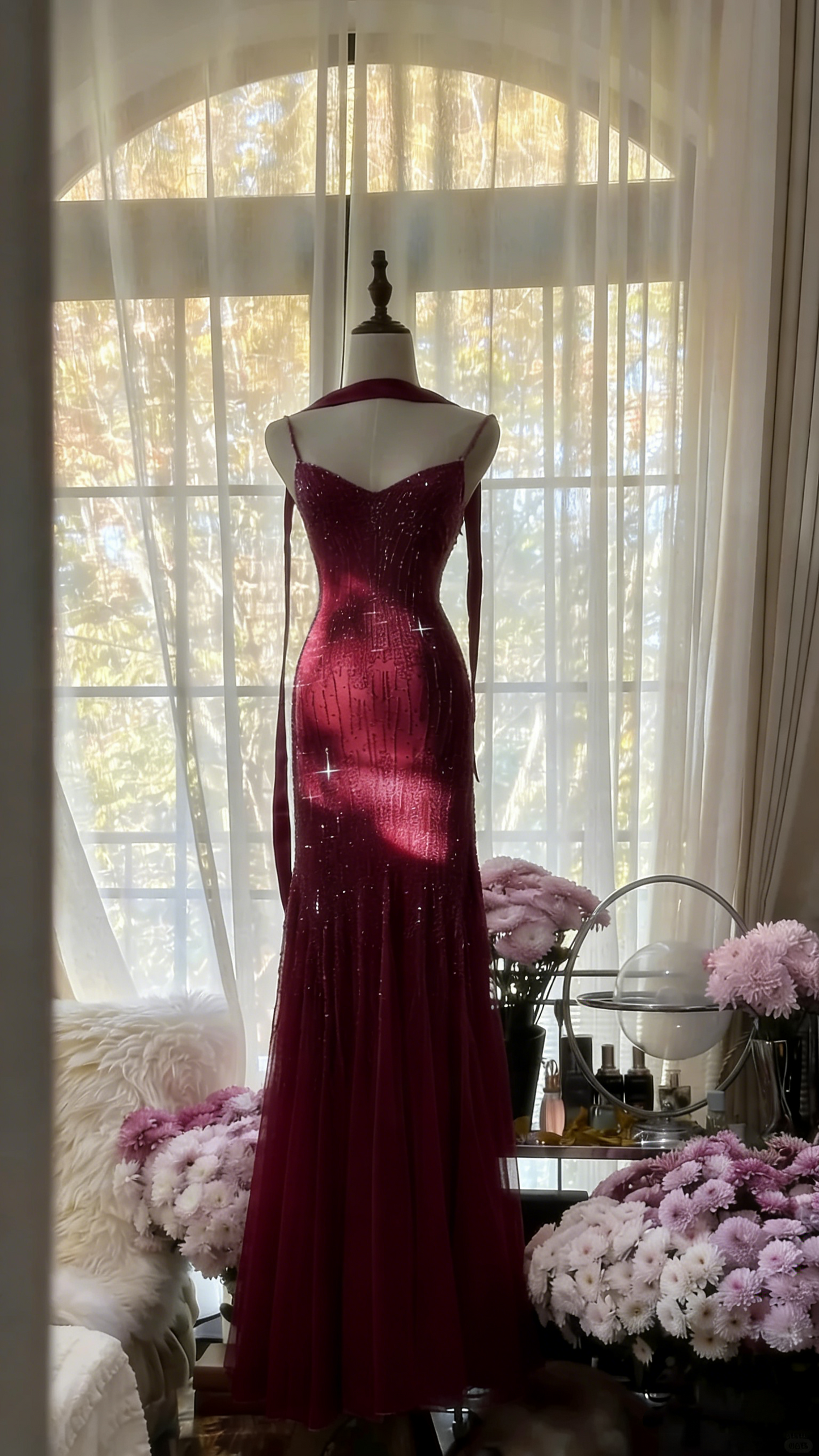 Charmantes lila Chiffon-Meerjungfrauen-Abendkleid mit Perlen P3343