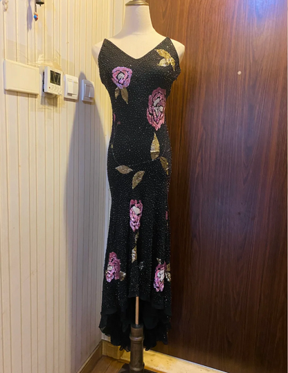 Retro Schwarzes Meerjungfrauen Abendkleid mit V-Ausschnitt aus Chiffon Lang P4173