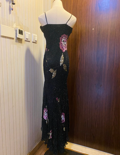 Retro Schwarzes Meerjungfrauen Abendkleid mit V-Ausschnitt aus Chiffon Lang P4173