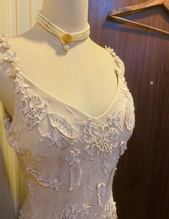 Elegantes elfenbeinfarbenes, tiefes V-Halterneck-Abendkleid aus unregelmäßiger Spitze P4178