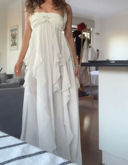 Robe de bal bustier simple en mousseline de soie blanche, robes de soirée sans manches P267