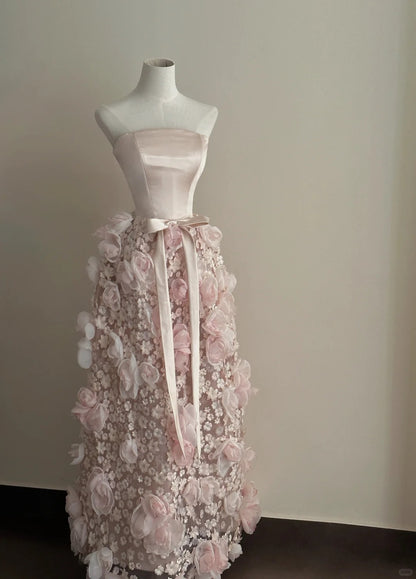 Liebliches blassrosa A-Linien-Kleid mit 3D-Blumen aus Satin und Tüll, langes Ballkleid, Abendkleid, Hochzeitskleid P4018