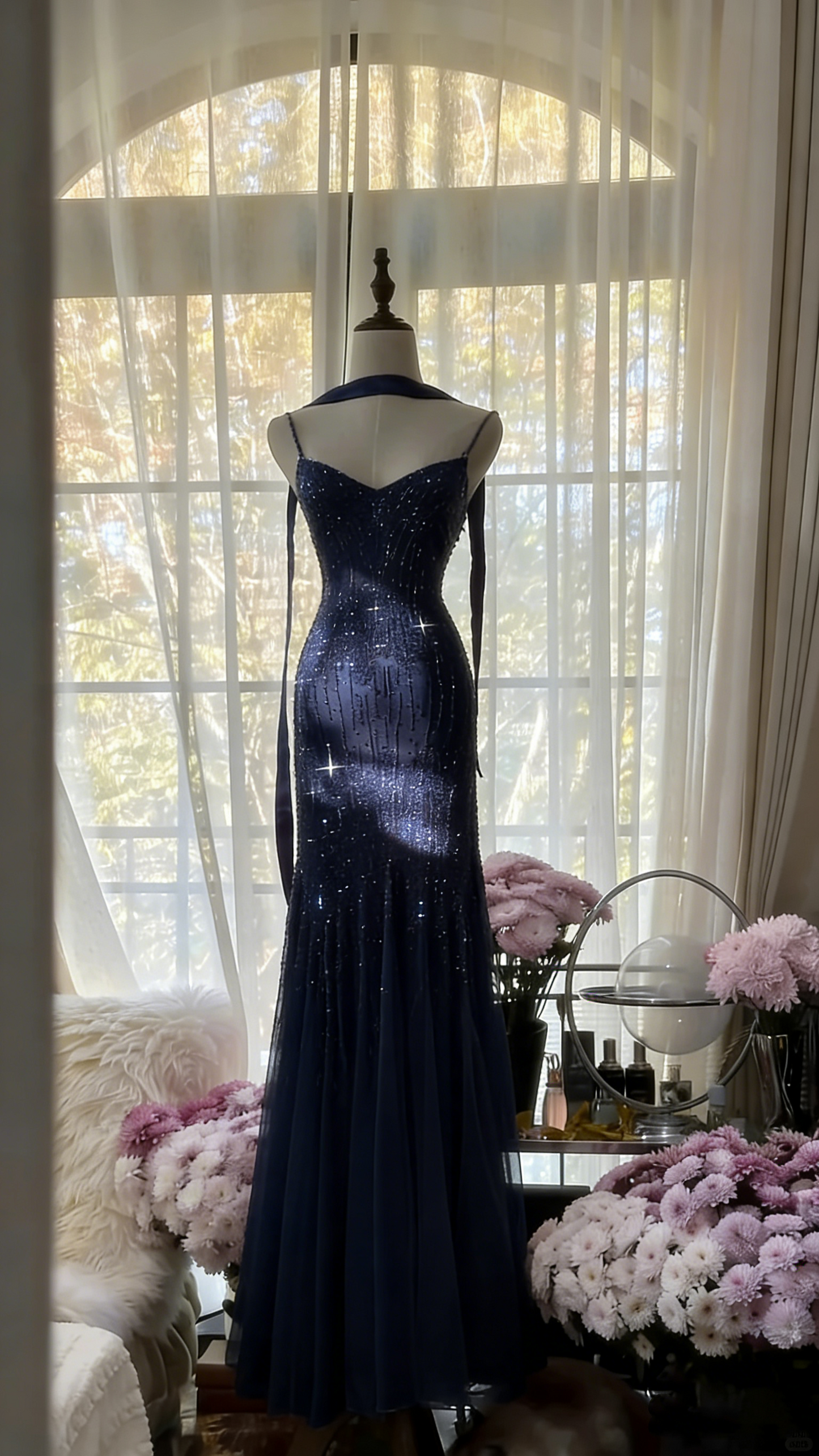 Charmantes lila Chiffon-Meerjungfrauen-Abendkleid mit Perlen P3343