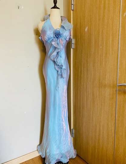 Verträumtes Meerjungfrau 3D Blumen Rüschen Neckholder Satin Langes Ballkleid Abendkleid P4186