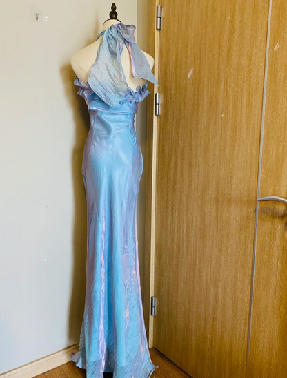 Verträumtes Meerjungfrau 3D Blumen Rüschen Neckholder Satin Langes Ballkleid Abendkleid P4186