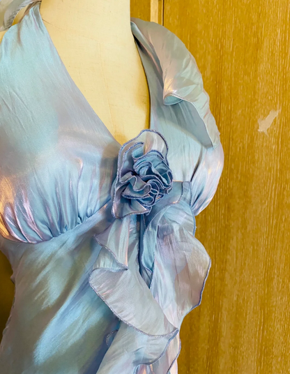 Verträumtes Meerjungfrau 3D Blumen Rüschen Neckholder Satin Langes Ballkleid Abendkleid P4186