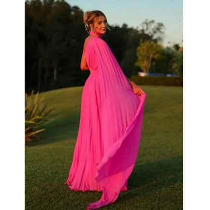 Elegante lange Chiffon Abendkleider in Hot Pink mit Cape A-Linie One Shoulder Ballkleid P1887