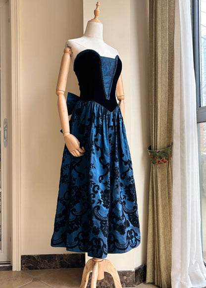 Retro blau-schwarzes A-Linien-Neckholder-Kleid mit Schleife, Jacquard-Samt, langes Ballkleid Abendkleid P4189