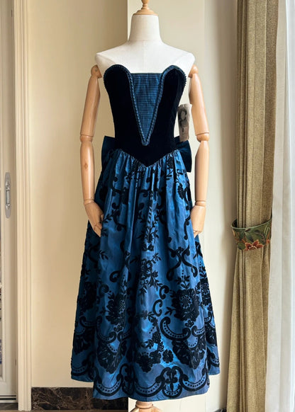 Retro blau-schwarzes A-Linien-Neckholder-Kleid mit Schleife, Jacquard-Samt, langes Ballkleid Abendkleid P4189