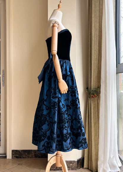 Retro blau-schwarzes A-Linien-Neckholder-Kleid mit Schleife, Jacquard-Samt, langes Ballkleid Abendkleid P4189